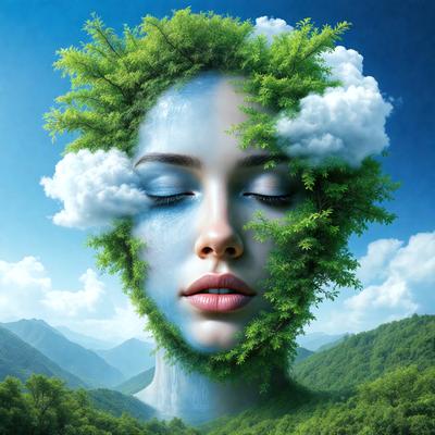 The primary subject of the image is a woman with a green plant growing out of her head. The setting is a lush green forest, and the visual style is a digital art or illustration. The colors are predominantly green, and the overall atmosphere is serene and natural.